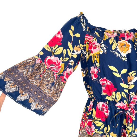 Angie Floral Off-Shoulder Boho Bell Sleeve Romper Blue Multicolor Size Medium - Picture 4 of 10
